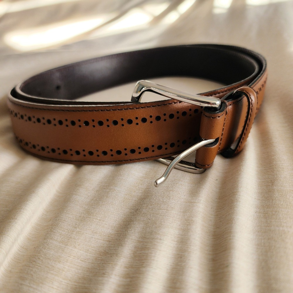 Allen Edmonds Belt Mens 40 Cognac Excellent Brogue Perforated Italian Calfskin - Picture 6 of 10